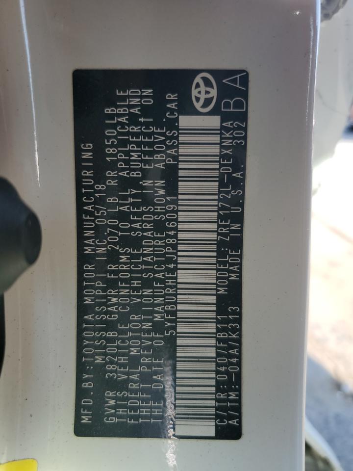 2018 Toyota Corolla VIN 5YFBURHE4JP846091 Copart auction photo, side / undercarriage damage thumbnail 12