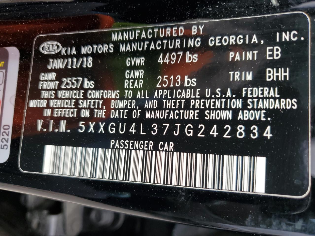 2018 KIA Optima VIN 5XXGU4L37JG242834 Copart auction photo, front end / rear end damage thumbnail 12