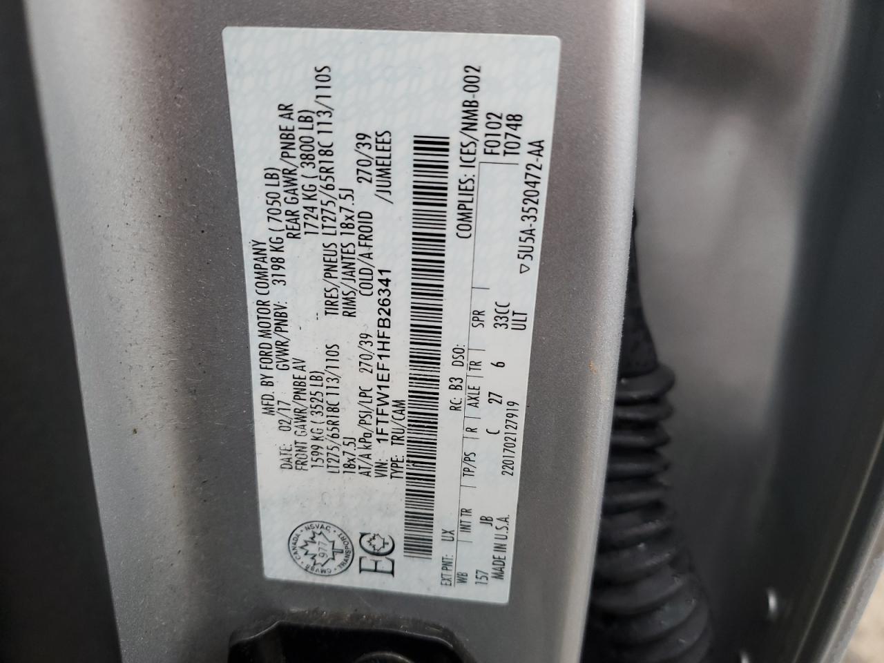 2017 Ford F-150 VIN 1FTFW1EF1HFB26341 Copart auction photo, rear end damage thumbnail 14