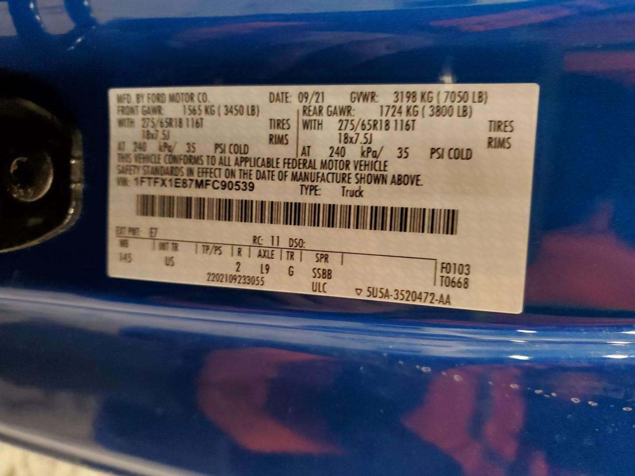 2021 Ford F-150 VIN 1FTFX1E87MFC90539 Copart auction photo, front end damage thumbnail 13