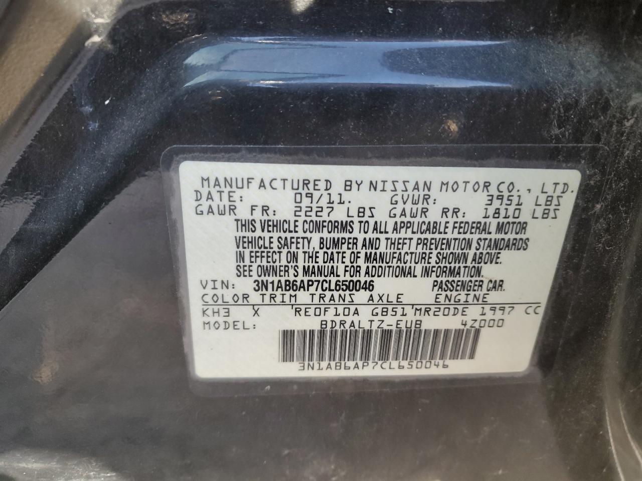 2012 Nissan Sentra VIN 3N1AB6AP7CL650046 Copart auction photo, front end / minor dent/scratches damage thumbnail 12