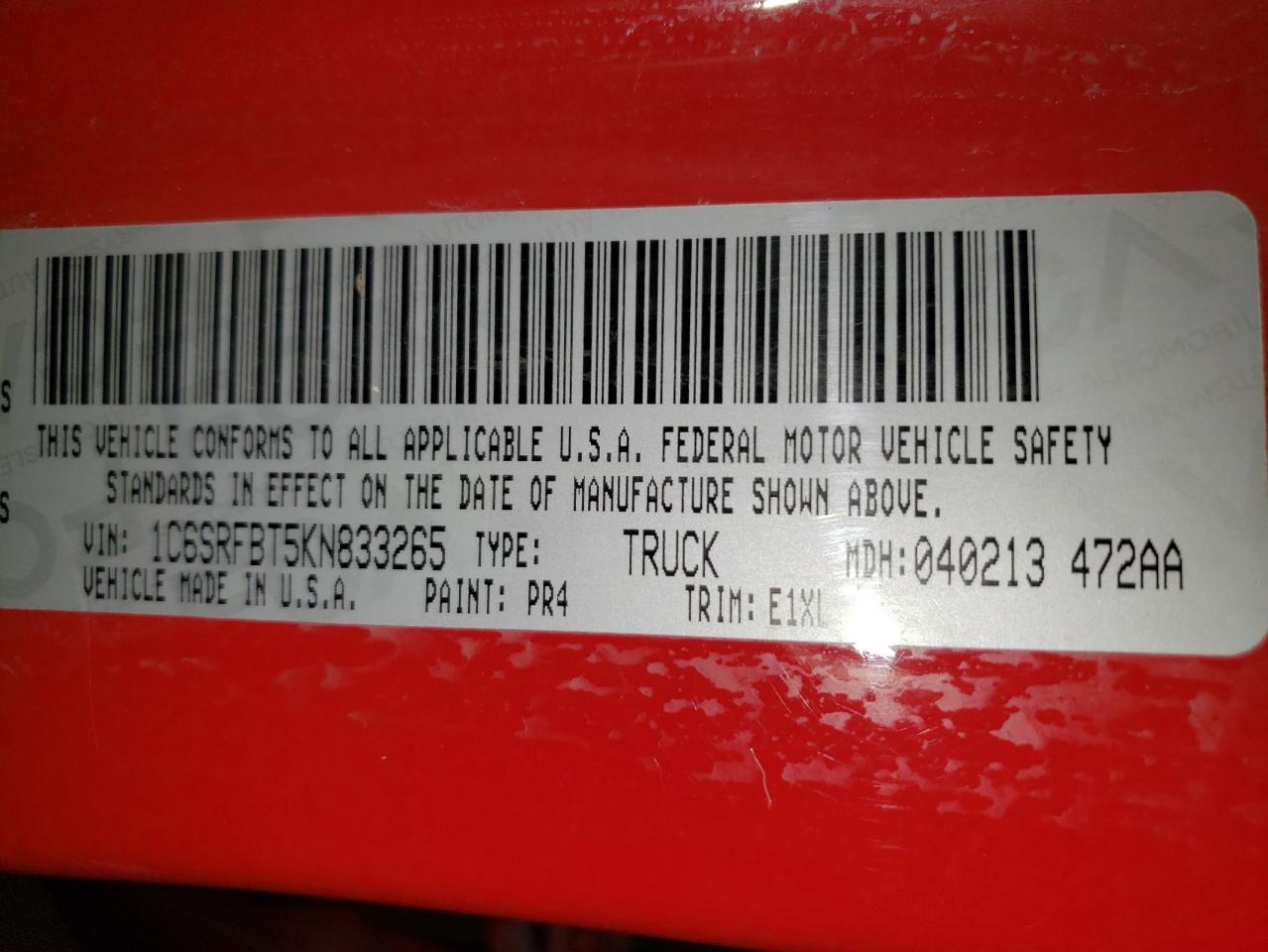 2019 RAM 1500 VIN 1C6SRFBT5KN833265 Copart auction photo, front end damage thumbnail 12