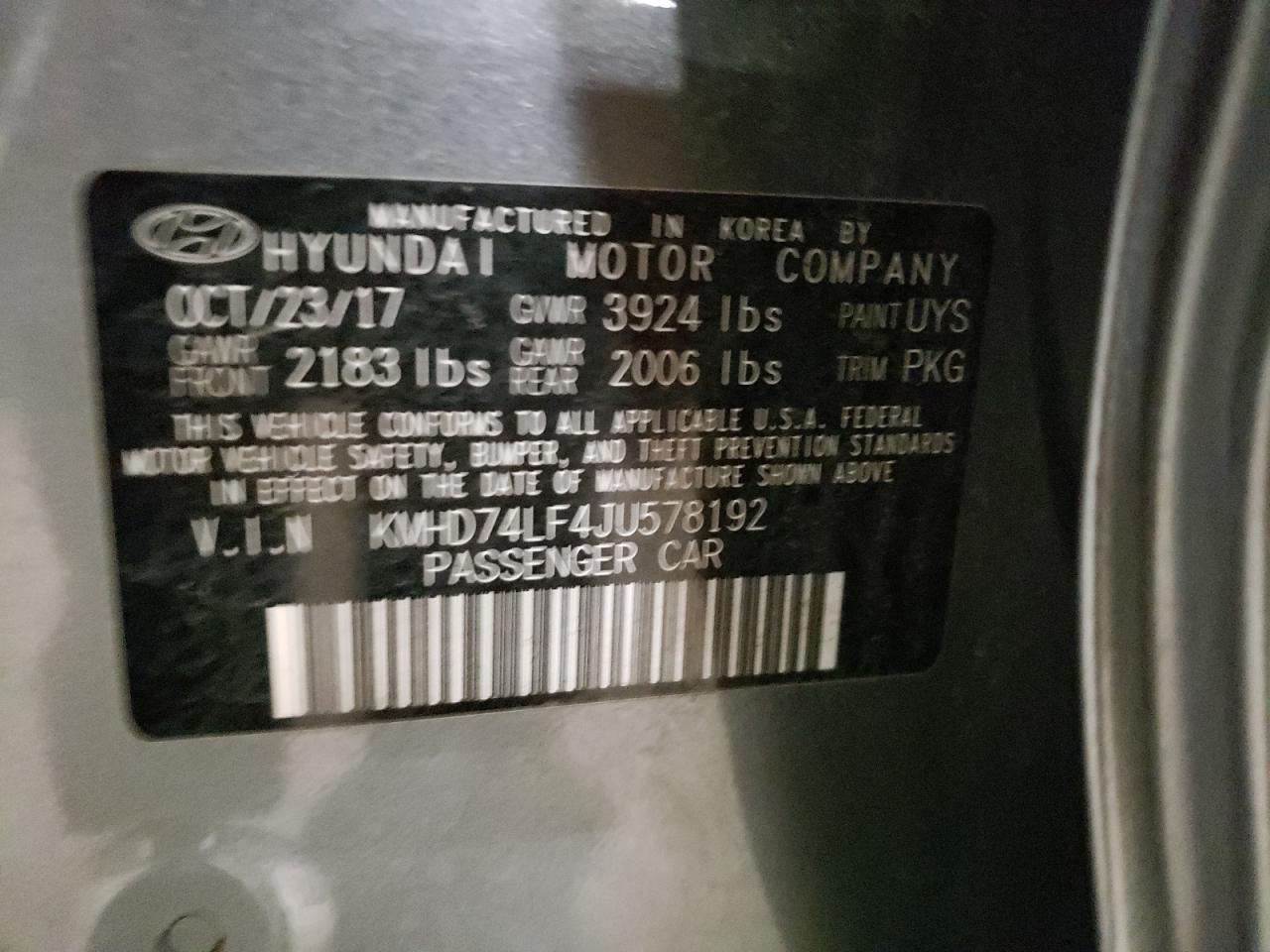 2018 Hyundai Elantra VIN KMHD74LF4JU578192 Copart auction photo, rear end / side damage thumbnail 12