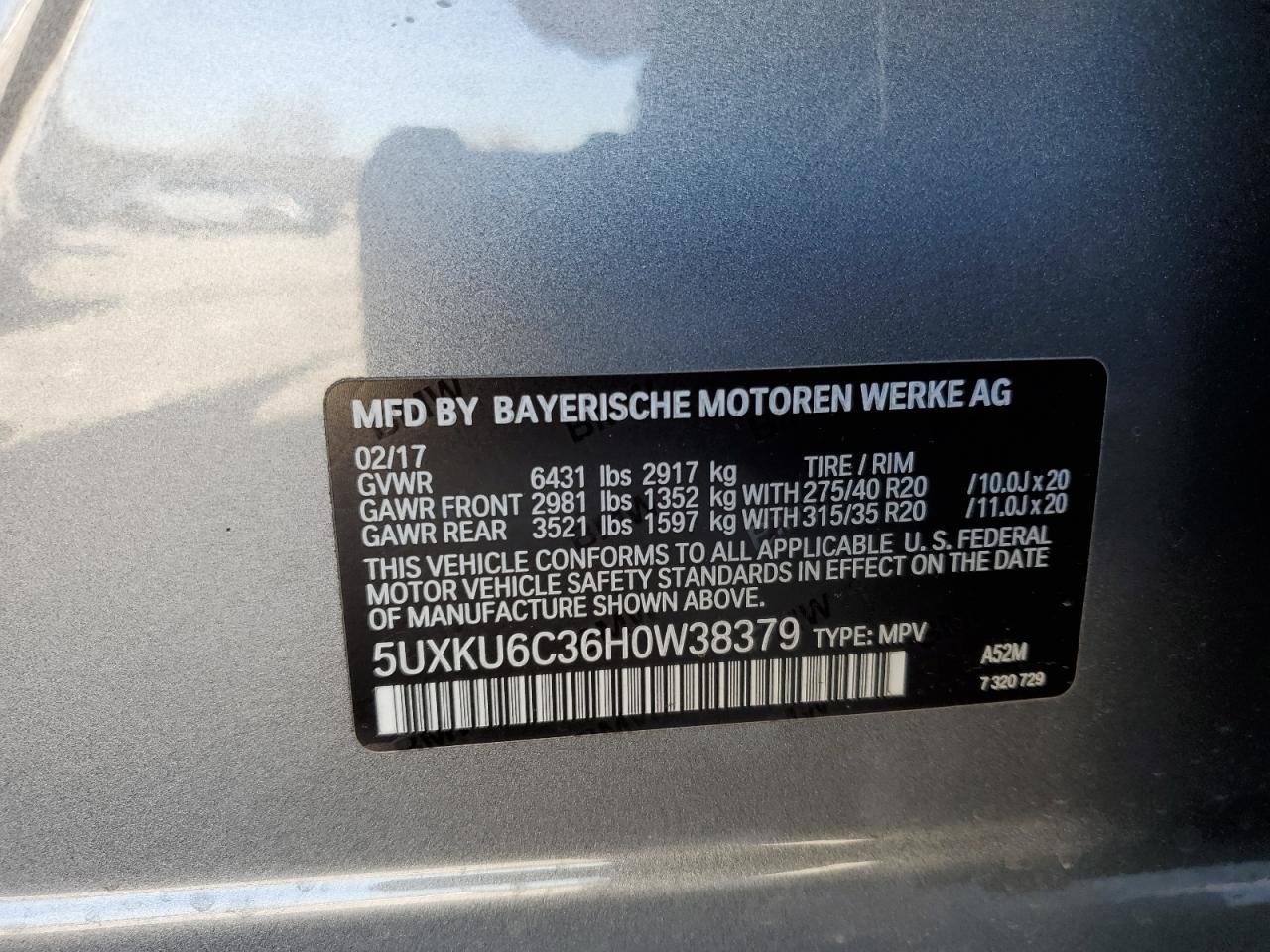2017 BMW X6 VIN 5UXKU6C36H0W38379 Copart auction photo, rear end / front end damage thumbnail 13