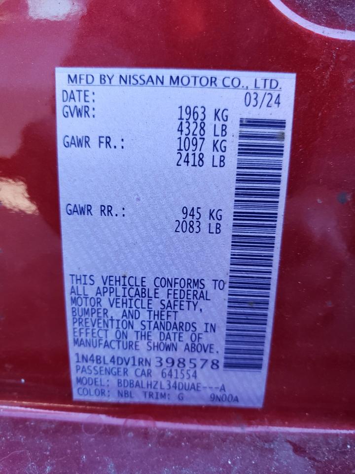 2024 Nissan Altima VIN 1N4BL4DV1RN398578 Copart auction photo, front end damage thumbnail 12