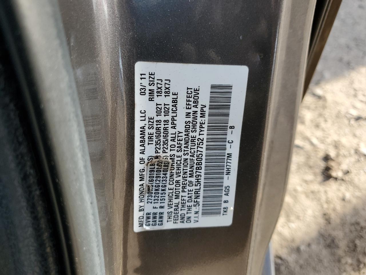 2011 Honda Odyssey VIN 5FNRL5H97BB057752 Copart auction photo, front end damage thumbnail 12