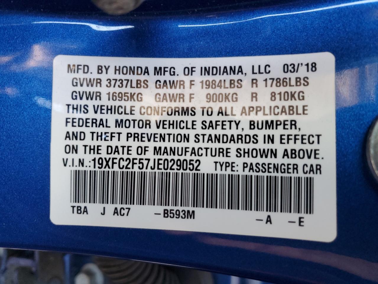 2018 Honda Civic VIN 19XFC2F57JE029052 Copart auction photo, front end damage thumbnail 14