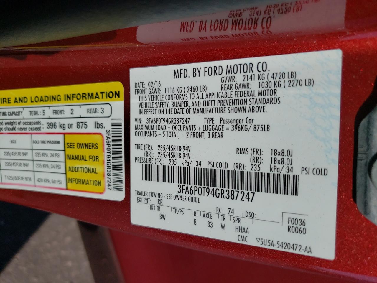 2016 Ford Fusion VIN 3FA6P0T94GR387247 Copart auction photo, rear end damage thumbnail 12