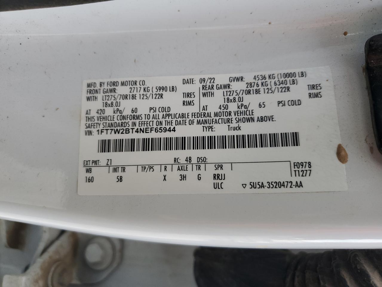 2022 Ford F250 VIN 1FT7W2BT4NEF65944 Copart auction photo, all over damage thumbnail 12