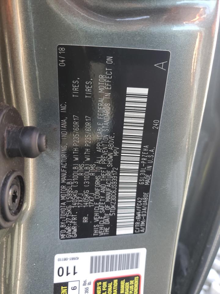 2018 Toyota Sienna VIN 5TDKZ3DC6JS939172 Copart auction photo, rear end damage thumbnail 13