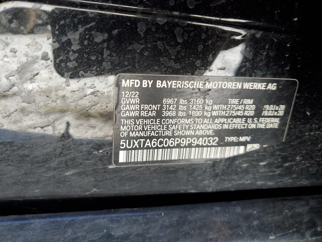 2023 BMW X5 VIN 5UXTA6C06P9P94032 Copart auction photo, all over damage thumbnail 13