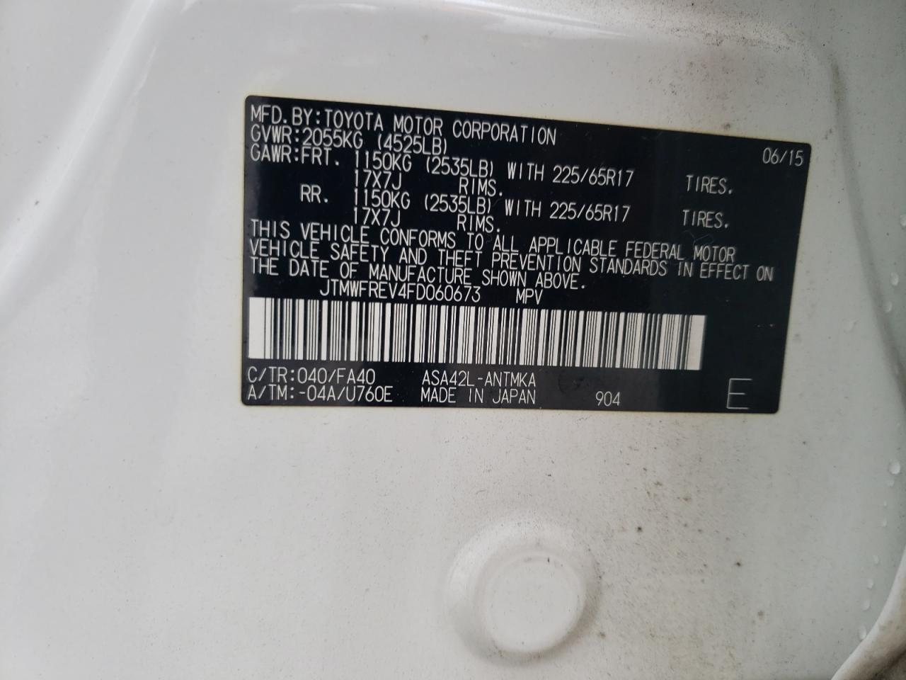2015 Toyota RAV 4 VIN JTMWFREV4FD060673 Copart auction photo, rear end / minor dent/scratches damage thumbnail 13