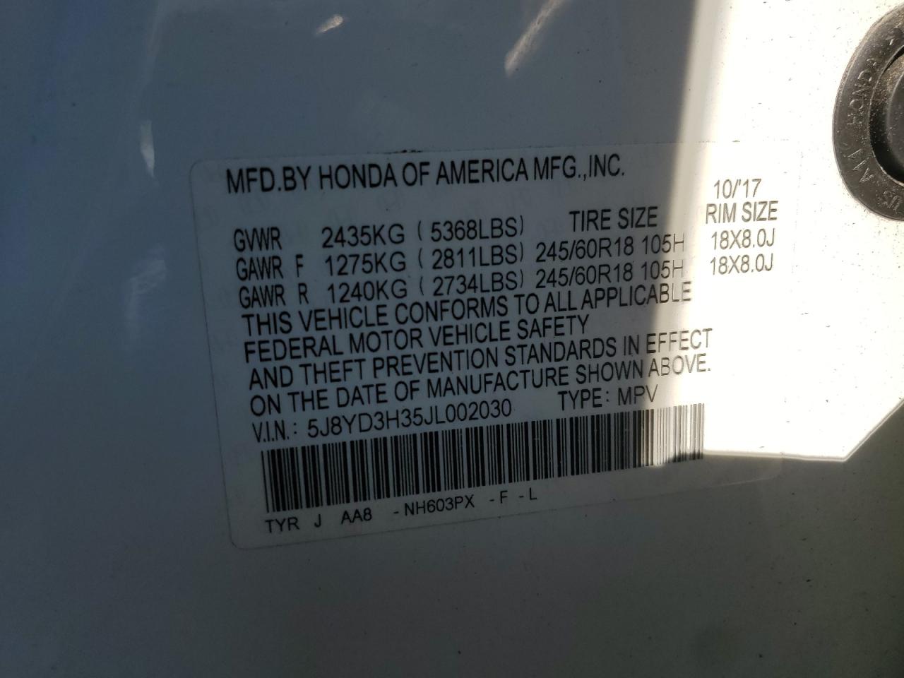 2018 Acura MDX VIN 5J8YD3H35JL002030 Copart auction photo, front end damage thumbnail 15