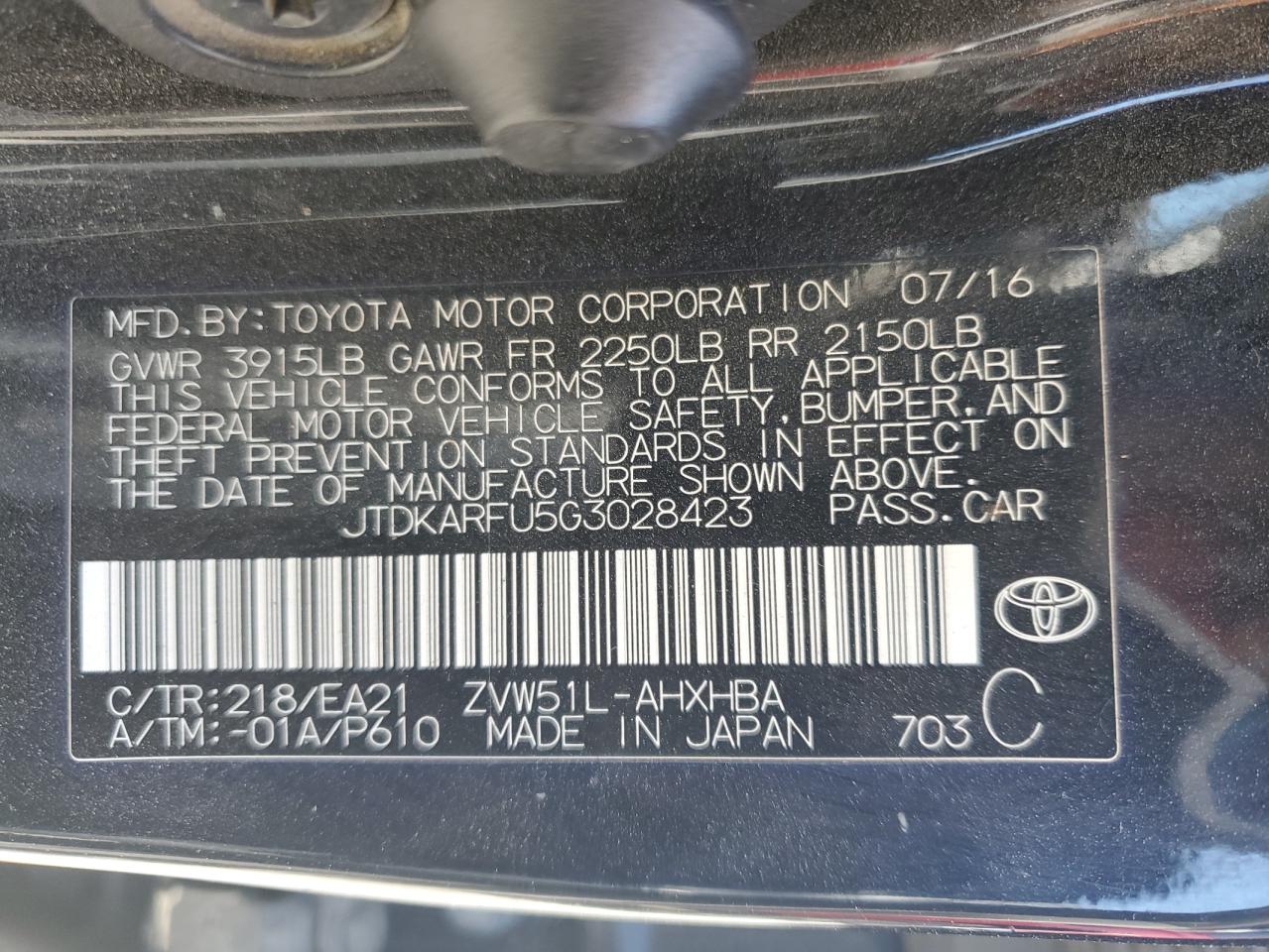 2016 Toyota Prius VIN JTDKARFU5G3028423 Copart auction photo, front end damage thumbnail 15