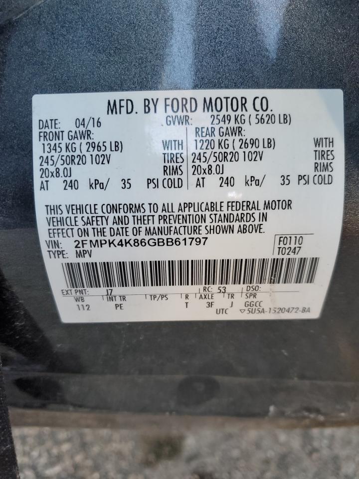 2016 Ford Edge VIN 2FMPK4K86GBB61797 Copart auction photo, all over / undercarriage damage thumbnail 14