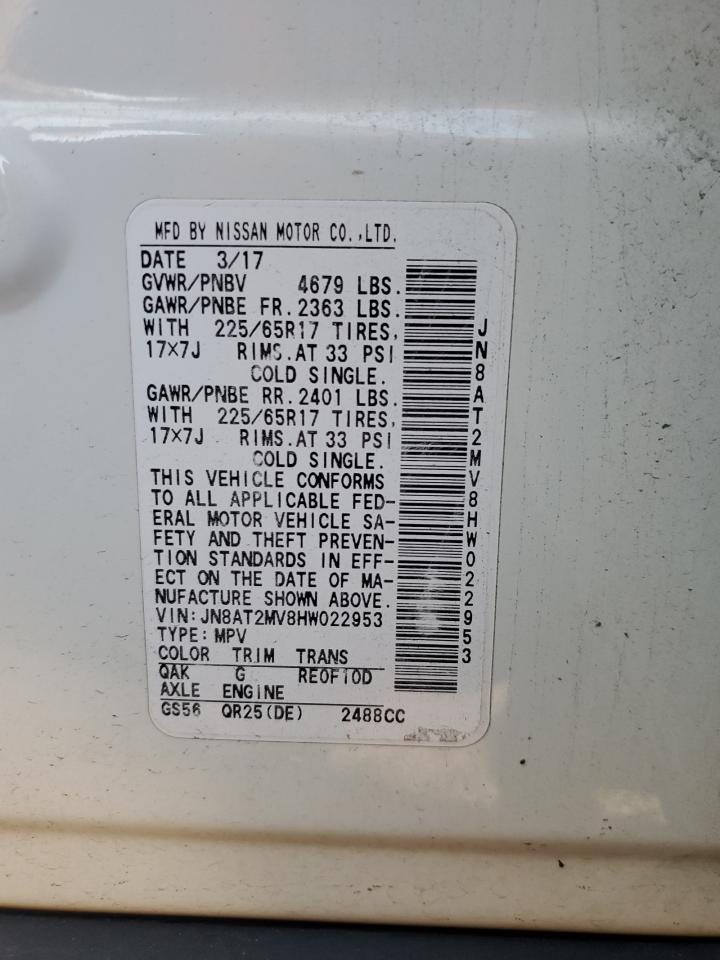 2017 Nissan Rogue VIN JN8AT2MV8HW022953 Copart auction photo, rear end damage thumbnail 13