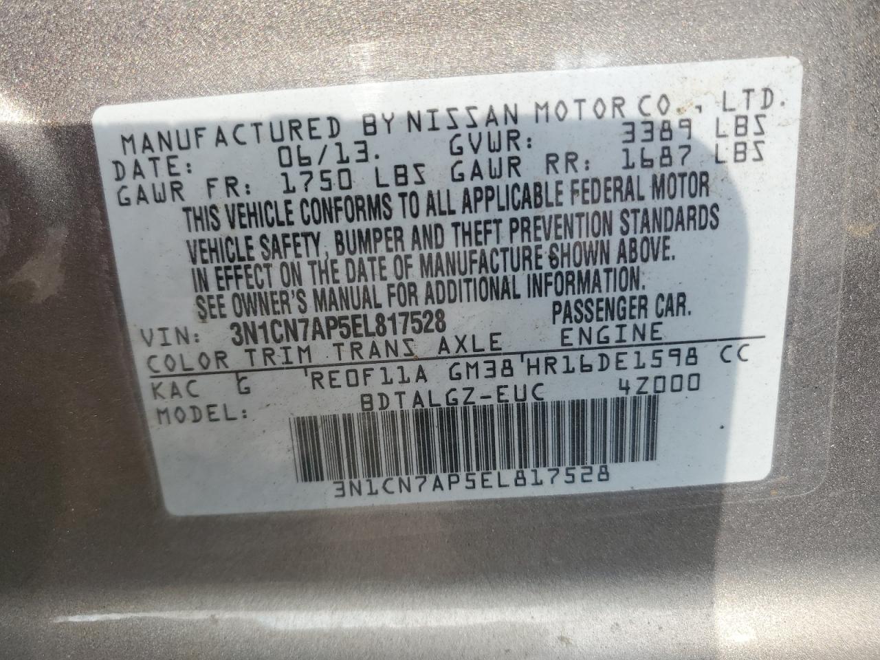 2014 Nissan Versa VIN 3N1CN7AP5EL817528 Copart auction photo, front end / minor dent/scratches damage thumbnail 12