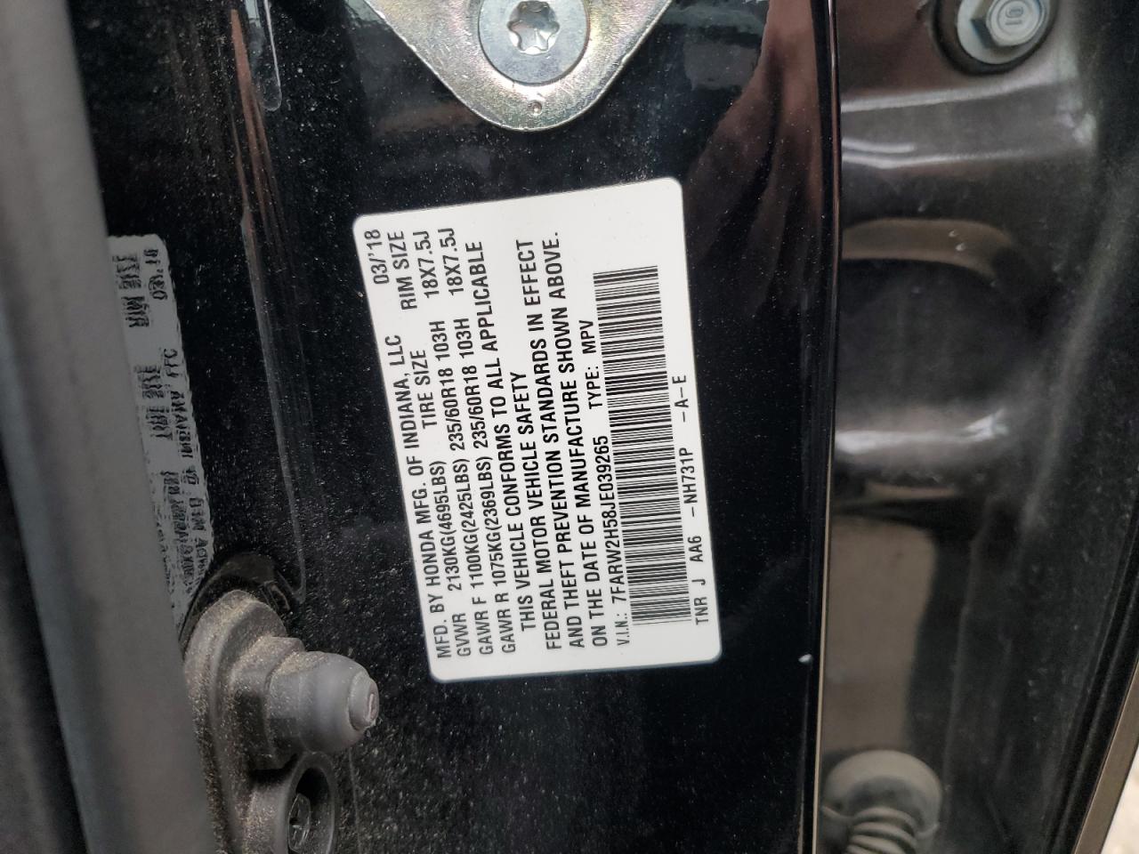 2018 Honda CR-V VIN 7FARW2H58JE039265 Copart auction photo, rear end damage thumbnail 13