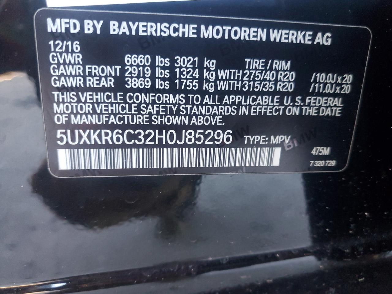 2017 BMW X5 VIN 5UXKR6C32H0J85296 Copart auction photo, front end / minor dent/scratches damage thumbnail 13