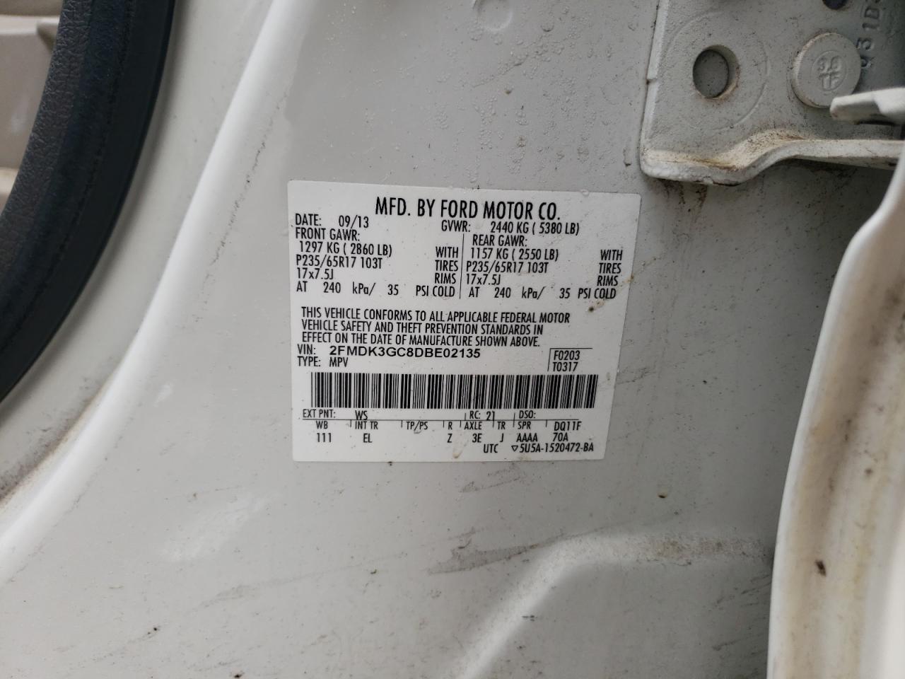 2013 Ford Edge VIN 2FMDK3GC8DBE02135 Copart auction photo, front end / rear end damage thumbnail 15