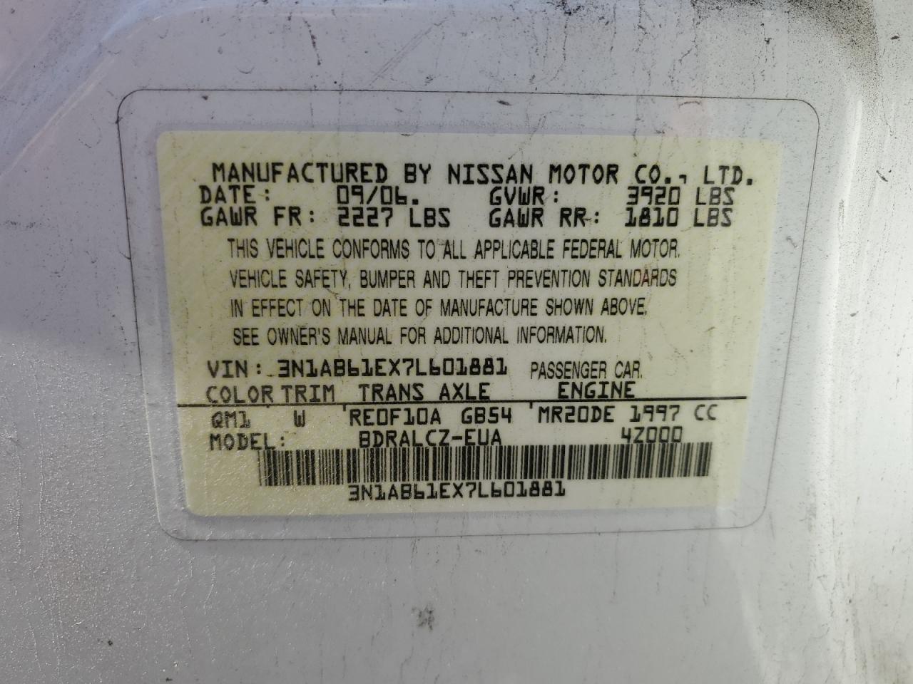2007 Nissan Sentra VIN 3N1AB61EX7L601881 Copart auction photo, all over damage thumbnail 13