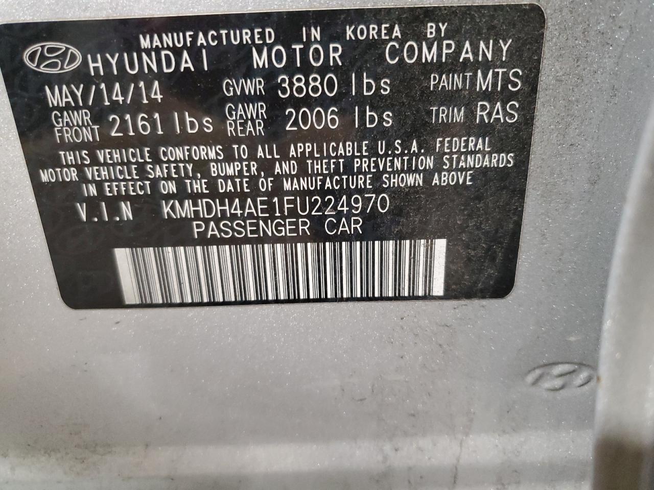 2015 Hyundai Elantra VIN KMHDH4AE1FU224970 Copart auction photo, rear end damage thumbnail 12