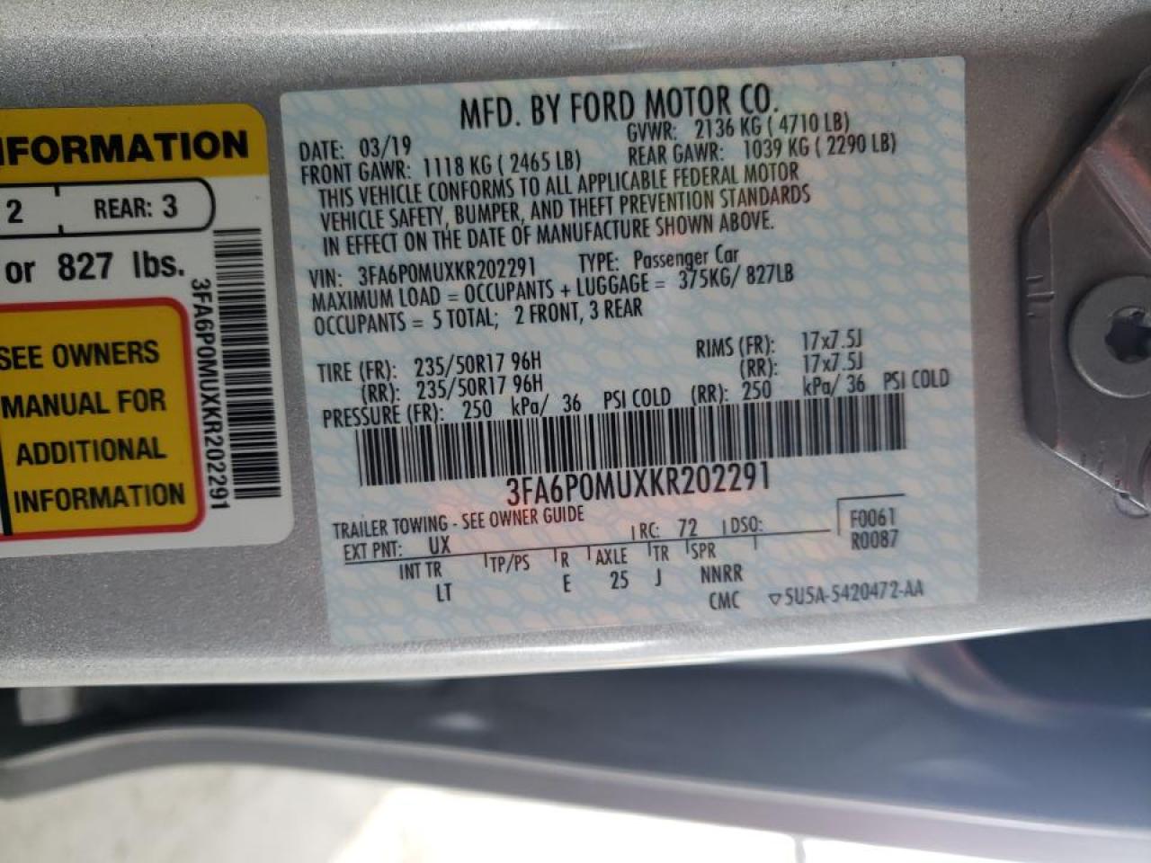 2019 Ford Fusion VIN 3FA6P0MUXKR202291 Copart auction photo, rear end damage thumbnail 12