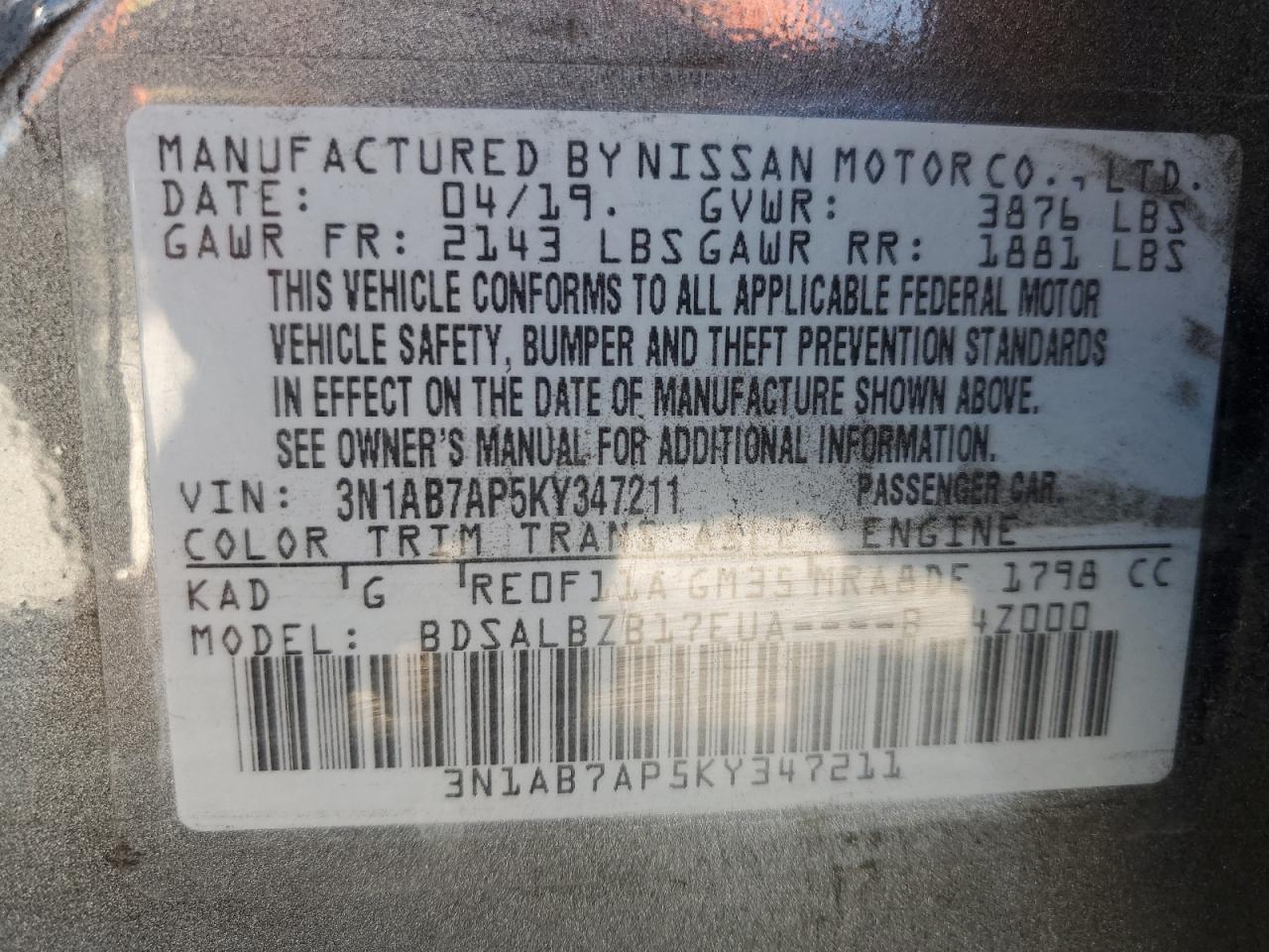 2019 Nissan Sentra VIN 3N1AB7AP5KY347211 Copart auction photo, top/roof damage thumbnail 14