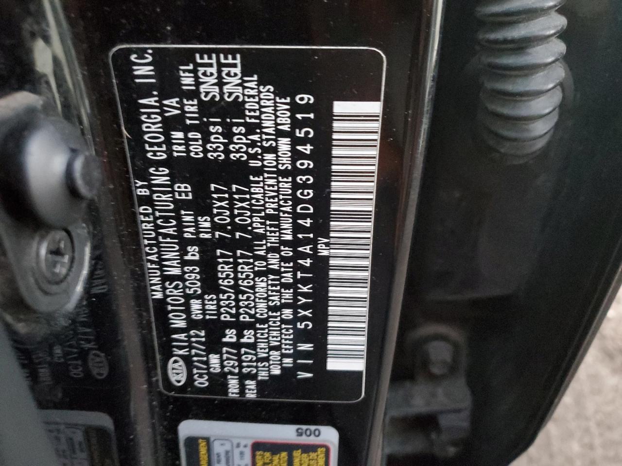2013 KIA Sorento VIN 5XYKT4A14DG394519 Copart auction photo, side / minor dent/scratches damage thumbnail 12