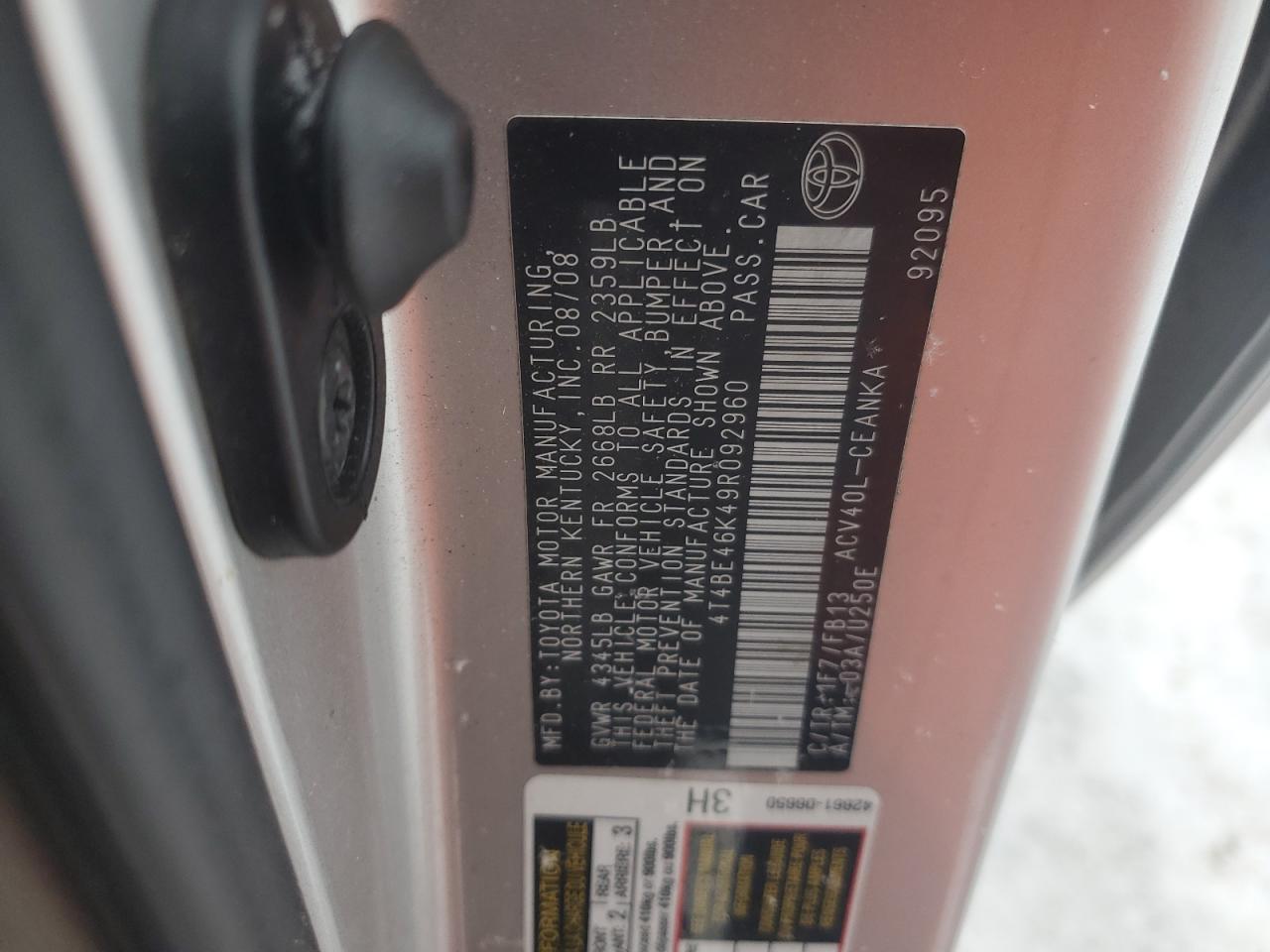 2009 Toyota Camry VIN 4T4BE46K49R092960 Copart auction photo, front end damage thumbnail 14