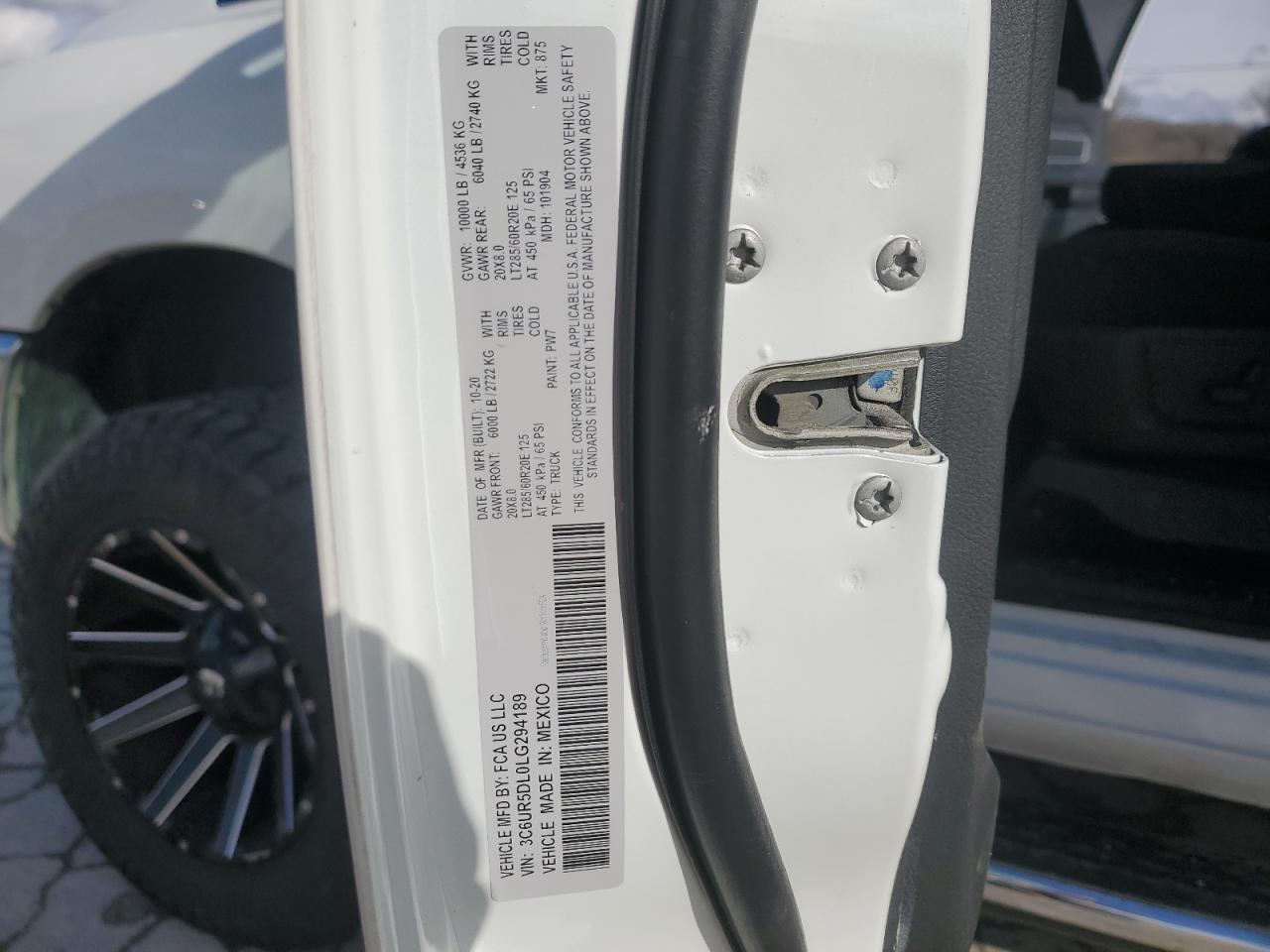 2020 RAM 2500 VIN 3C6UR5DL0LG294189 Copart auction photo, top/roof / side damage thumbnail 12