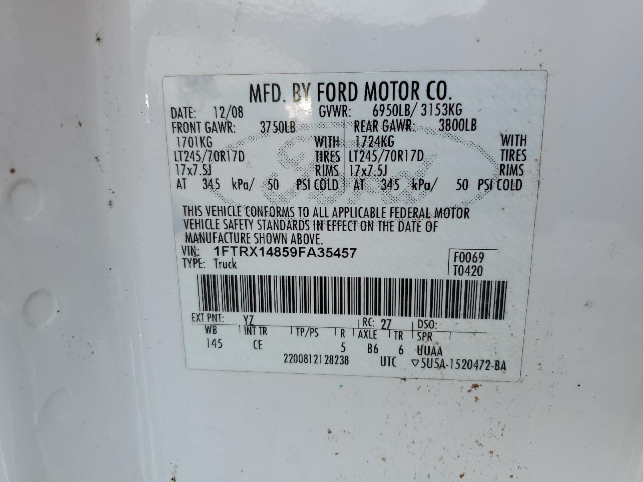 2009 Ford F-150 VIN 1FTRX14859FA35457 Copart auction photo, front end damage thumbnail 12