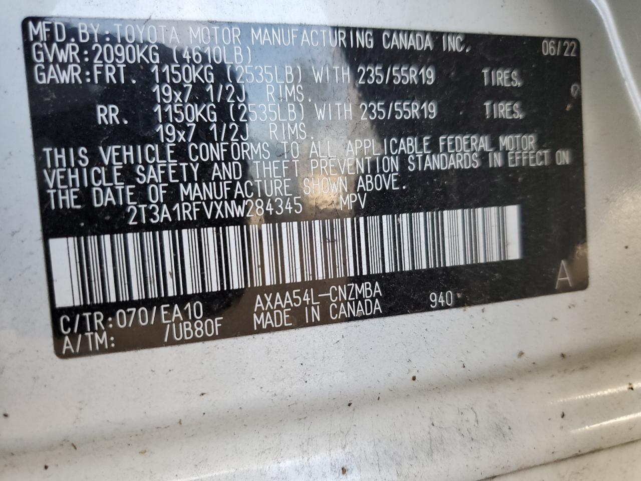 2022 Toyota RAV 4 VIN 2T3A1RFVXNW284345 Copart auction photo, rear end damage thumbnail 14