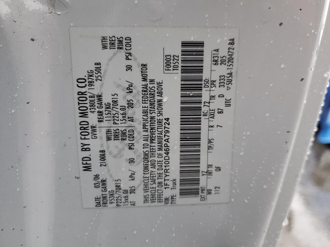 2006 Ford Ranger VIN 1FTYR10D46PA79724 Copart auction photo, side / front end damage thumbnail 12