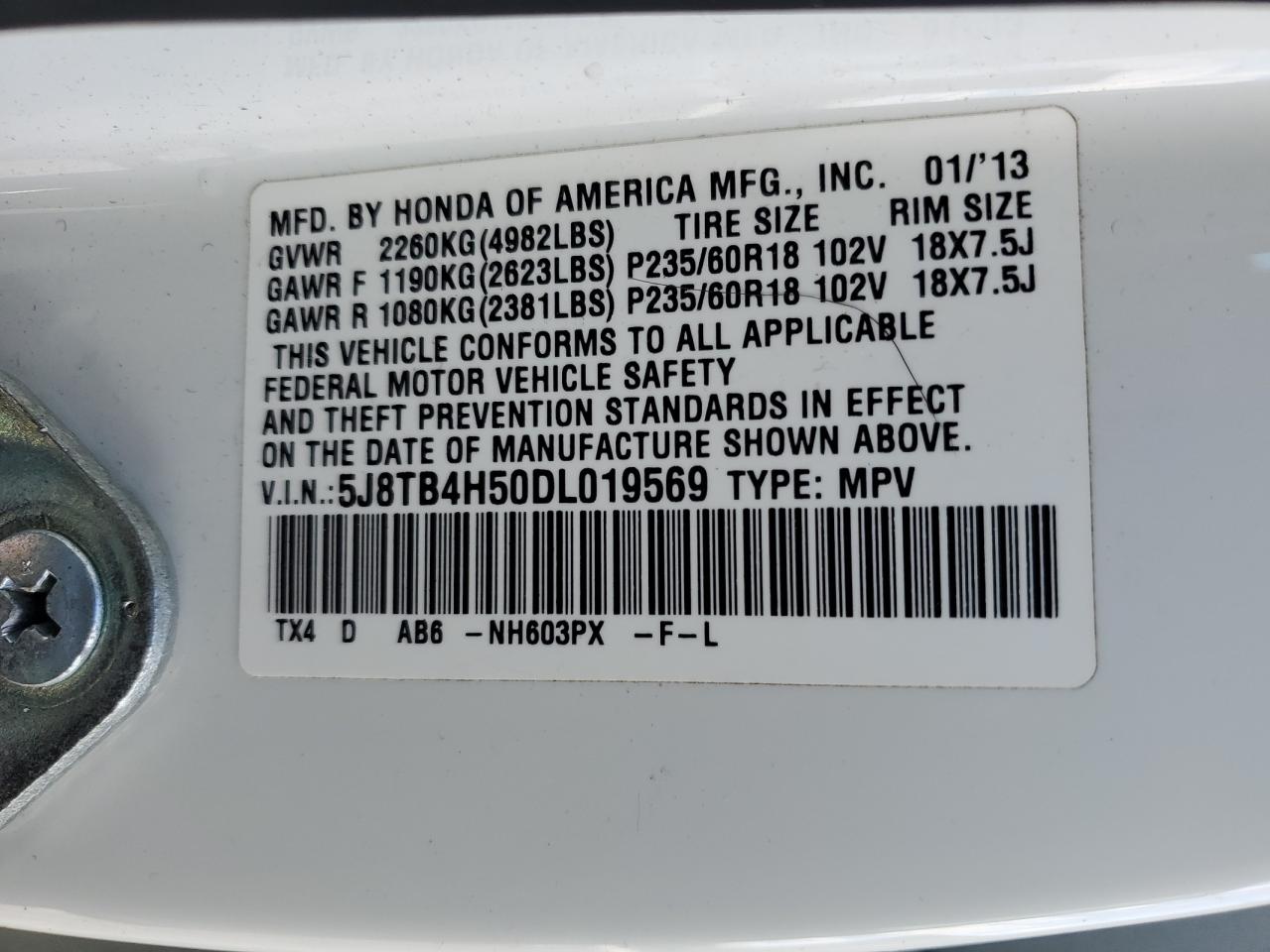 2013 Acura RDX VIN 5J8TB4H50DL019569 Copart auction photo, front end damage thumbnail 14