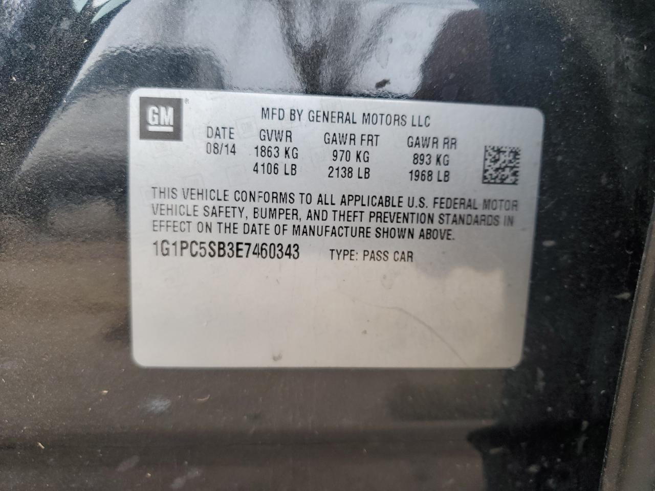 2014 Chevrolet Cruze VIN 1G1PC5SB3E7460343 Copart auction photo, all over damage thumbnail 15