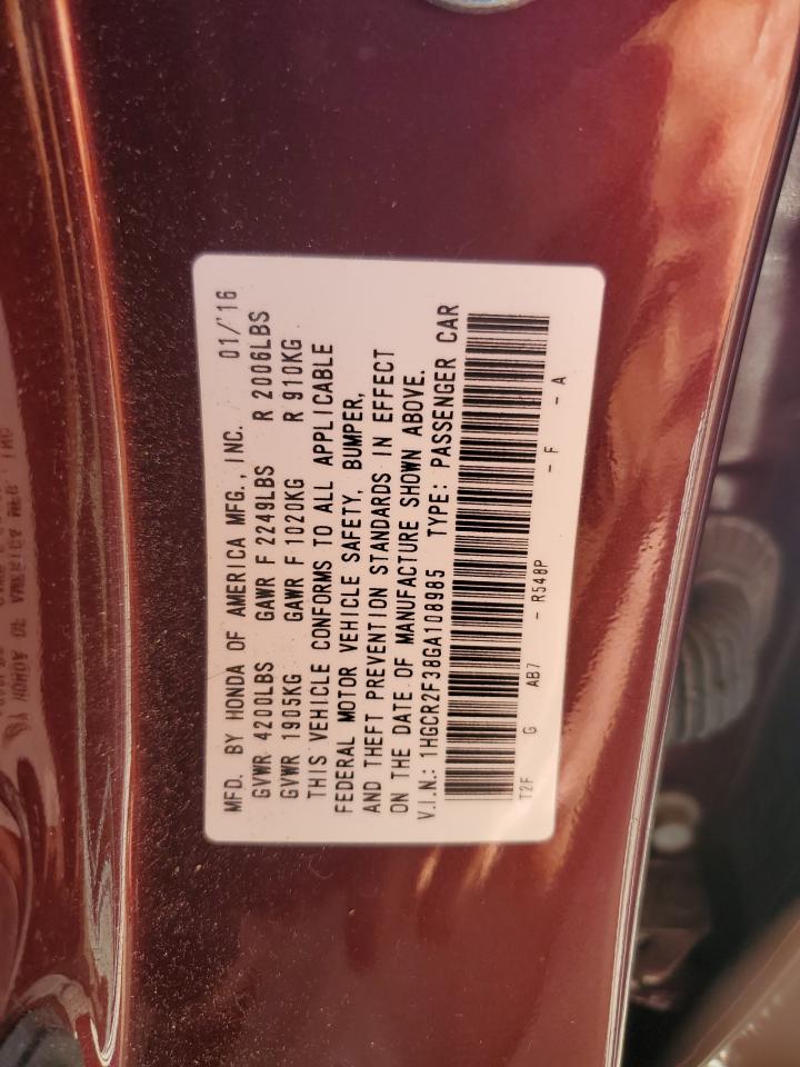 2016 Honda Accord VIN 1HGCR2F38GA108985 Copart auction photo, water/flood damage thumbnail 13