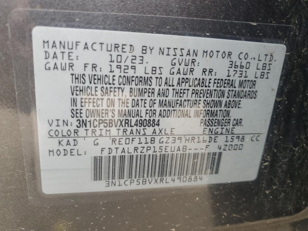 2024 Nissan Kicks VIN 3N1CP5BVXRL490884 Copart auction photo, front end / side damage thumbnail 13