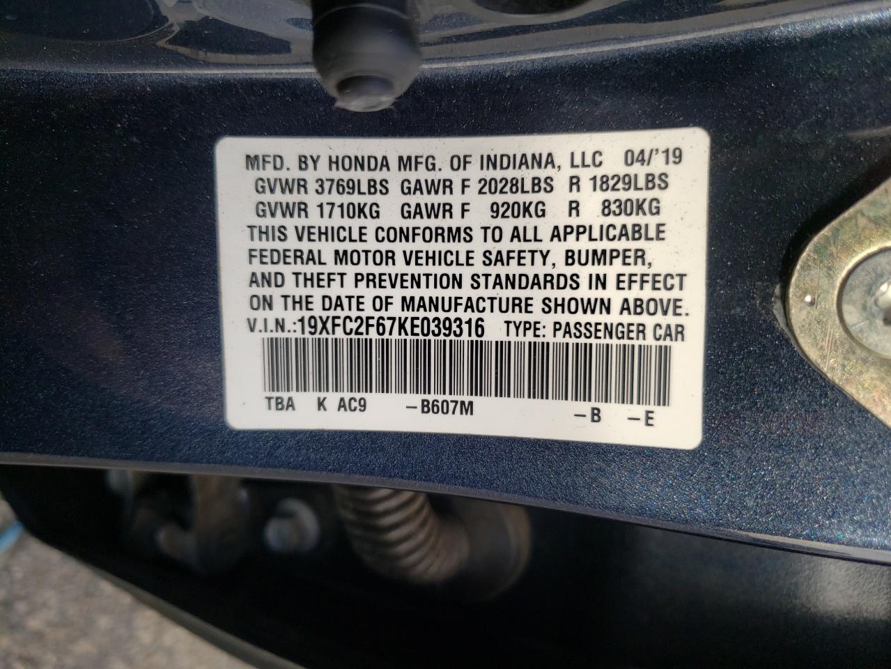 2019 Honda Civic VIN 19XFC2F67KE039316 Copart auction photo, side / undercarriage damage thumbnail 12