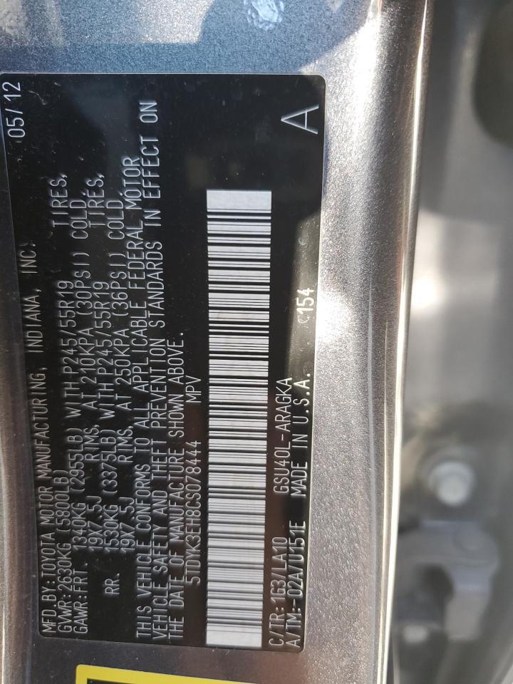2012 Toyota Highlander VIN 5TDYK3EH8CS078444 Copart auction photo, front end / minor dent/scratches damage thumbnail 15