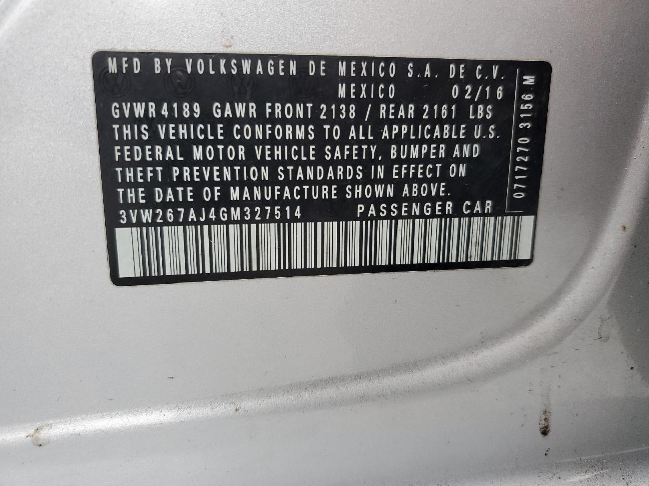 2016 Volkswagen Jetta VIN 3VW267AJ4GM327514 Copart auction photo, water/flood / side damage thumbnail 13