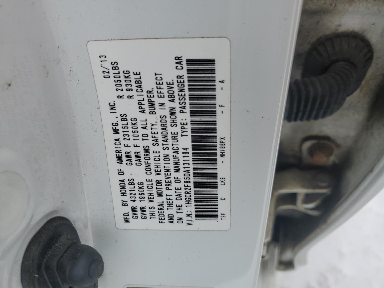 2013 Honda Accord VIN 1HGCR2F85DA131194 Copart auction photo, front end / minor dent/scratches damage thumbnail 12