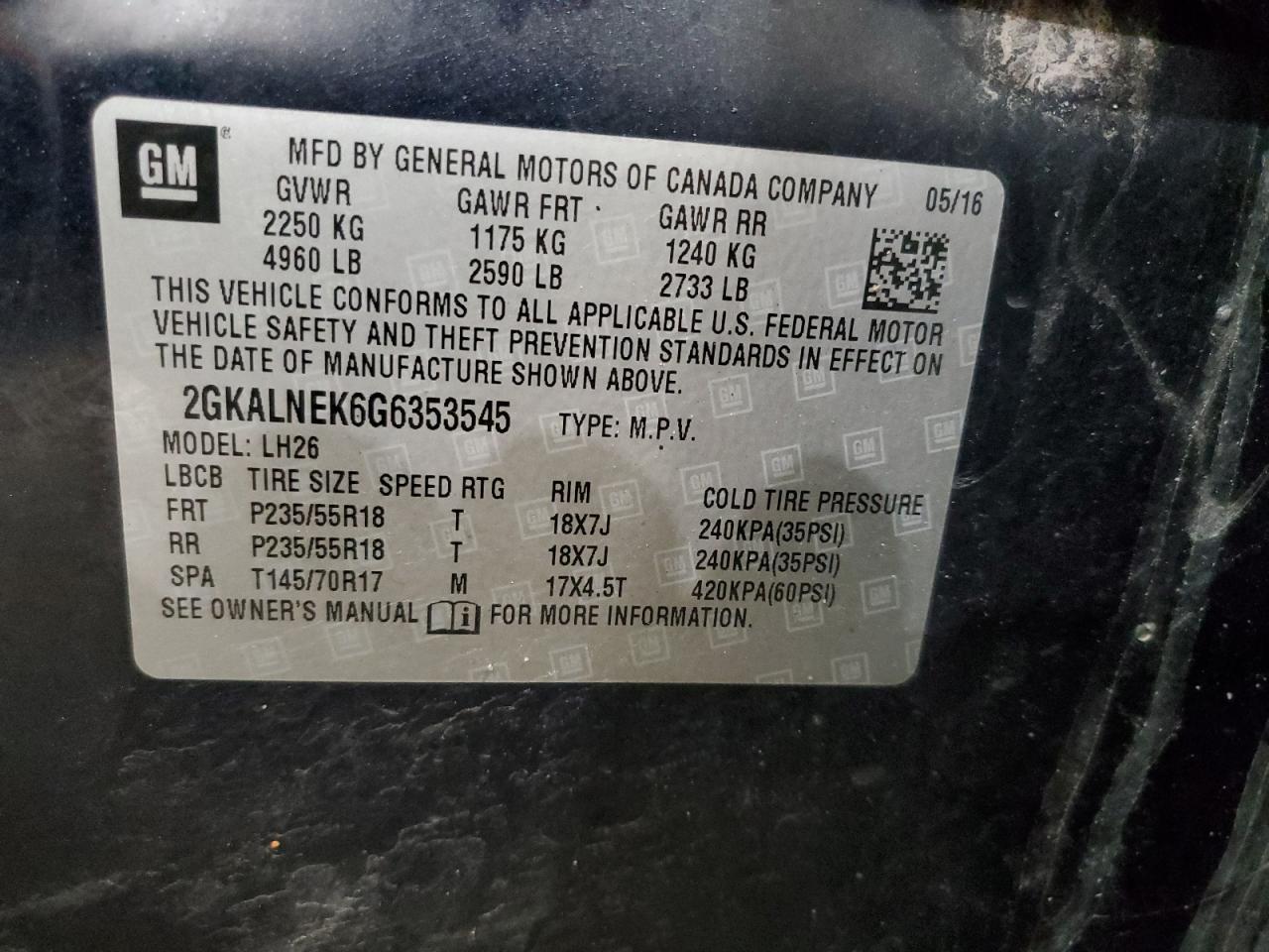 2016 GMC Terrain VIN 2GKALNEK6G6353545 Copart auction photo, front end damage thumbnail 15