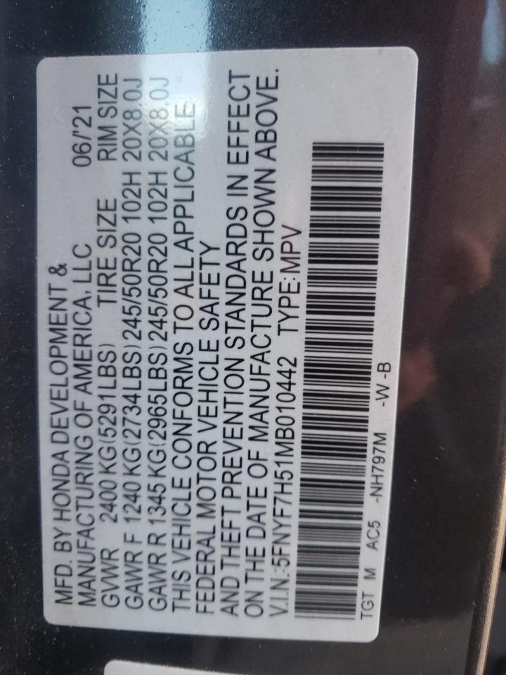 2021 Honda Passport VIN 5FNYF7H51MB010442 Copart auction photo, rear end damage thumbnail 13