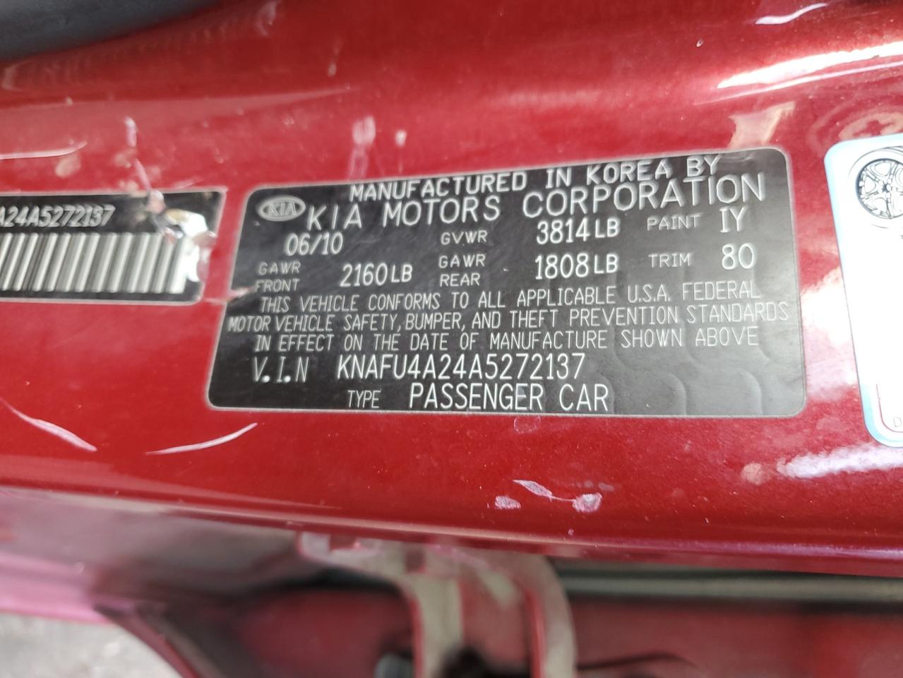 2010 KIA Forte VIN KNAFU4A24A5272137 Copart auction photo, front end / side damage thumbnail 14