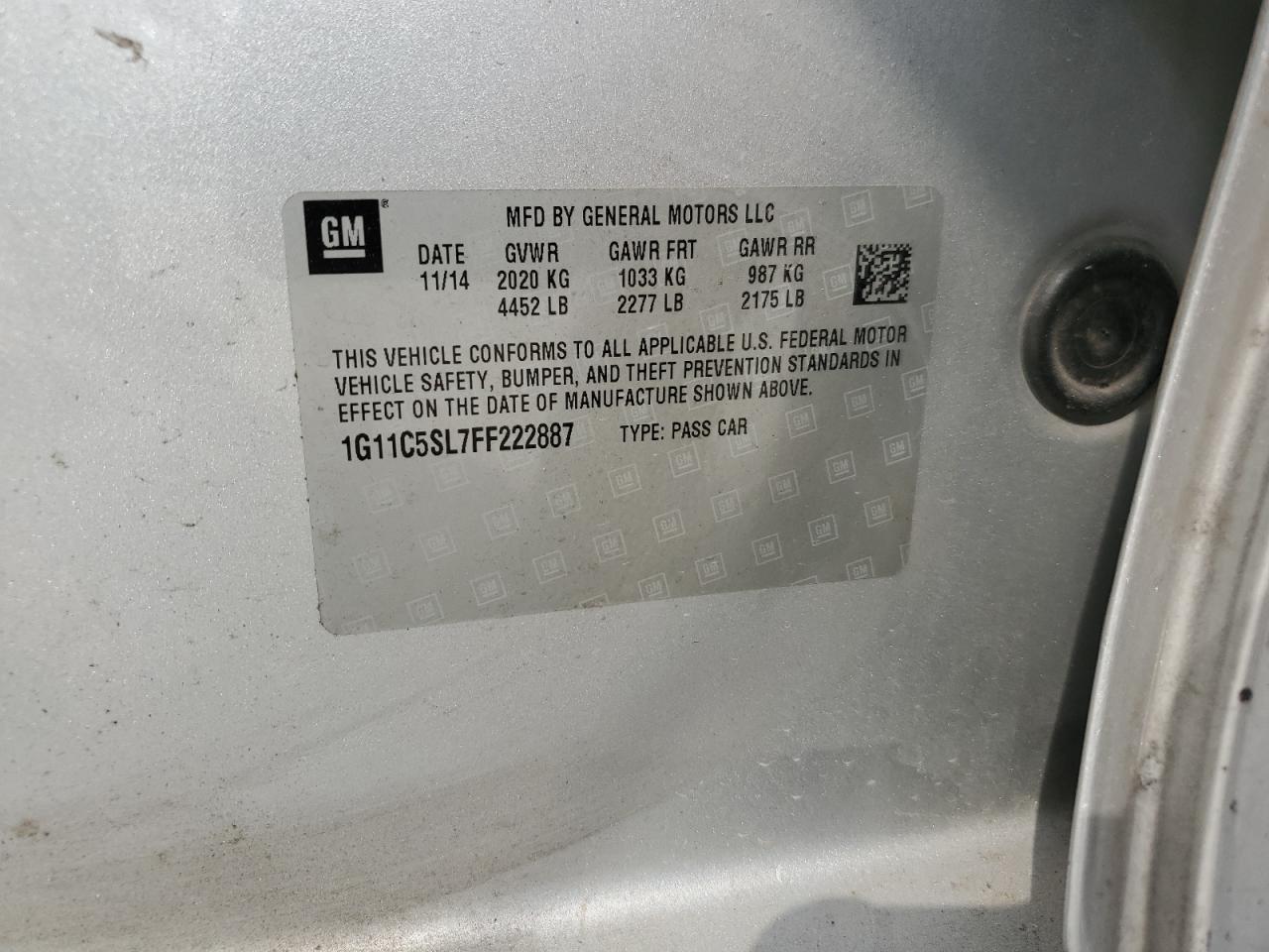 2015 Chevrolet Malibu VIN 1G11C5SL7FF222887 Copart auction photo, rear end / undercarriage damage thumbnail 14