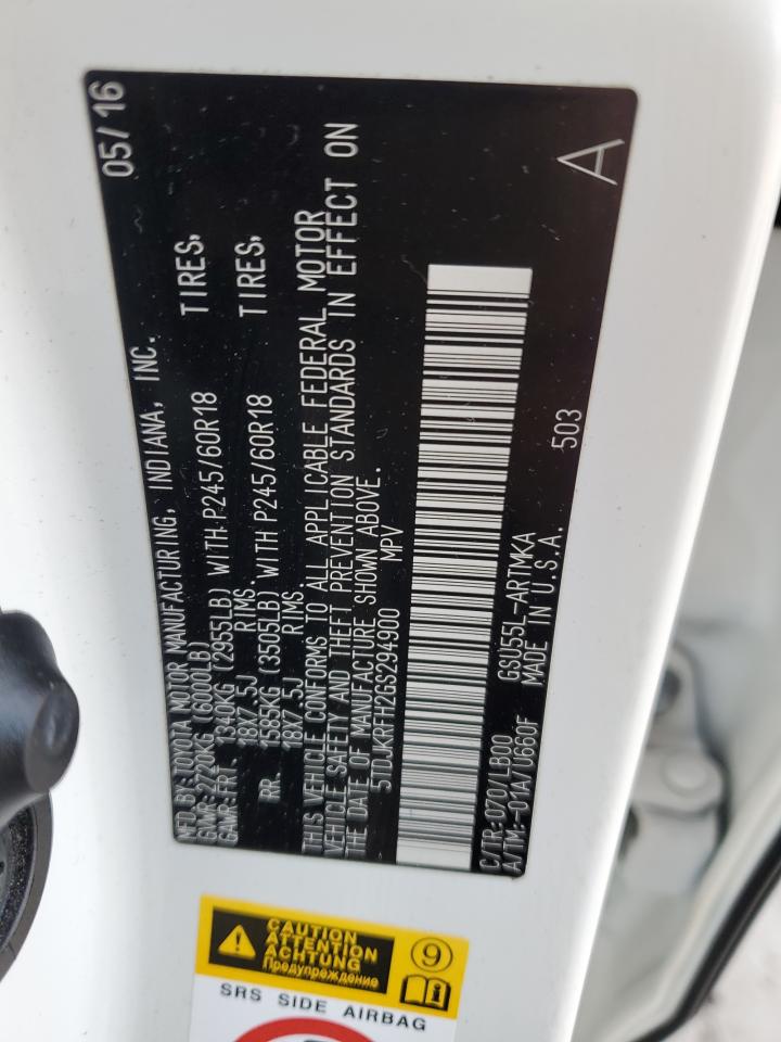 2016 Toyota Highlander VIN 5TDJKRFH2GS294900 Copart auction photo, all over damage thumbnail 13