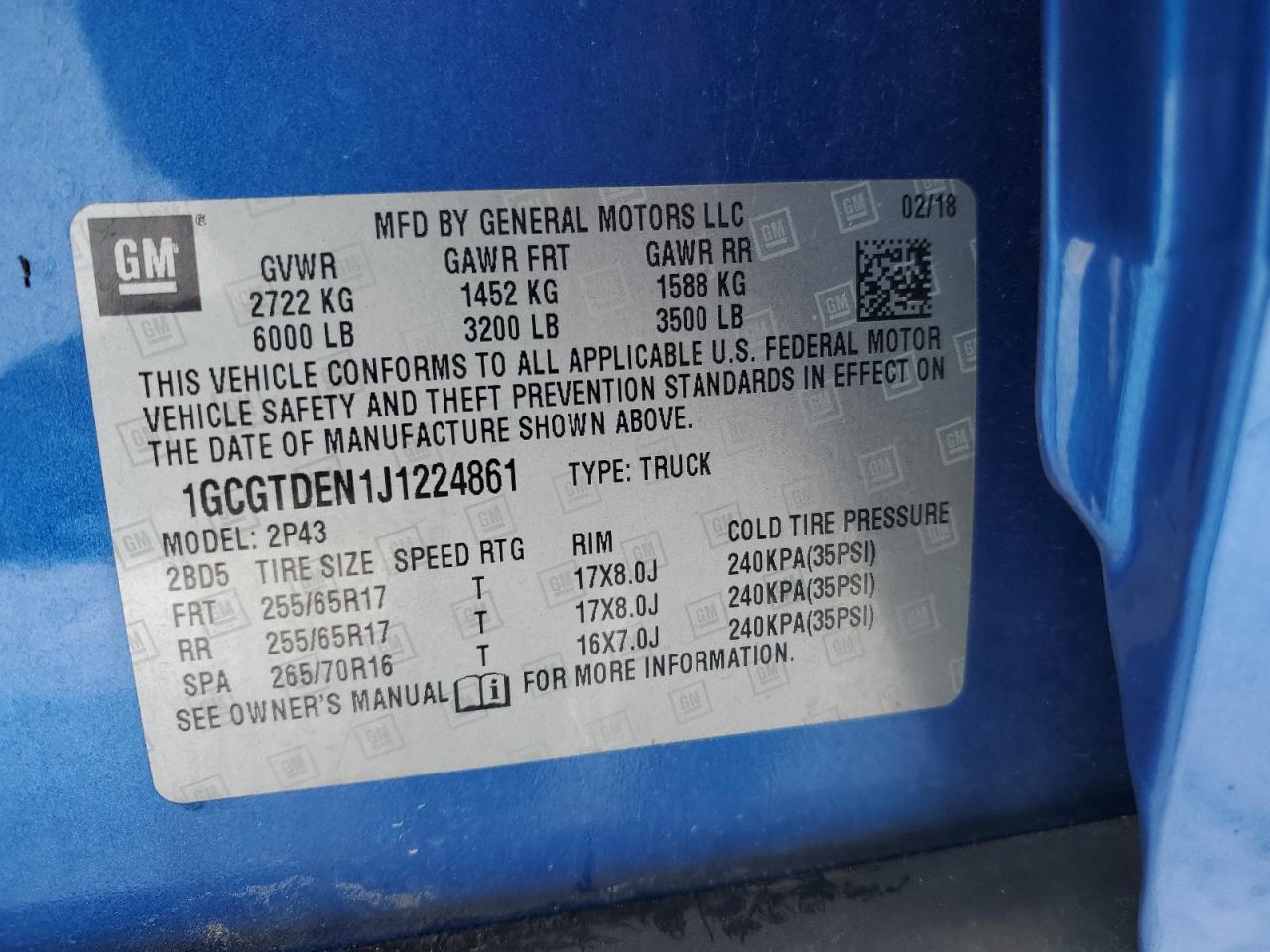 2018 Chevrolet Colorado VIN 1GCGTDEN1J1224861 Copart auction photo, undercarriage / minor dent/scratches damage thumbnail 12