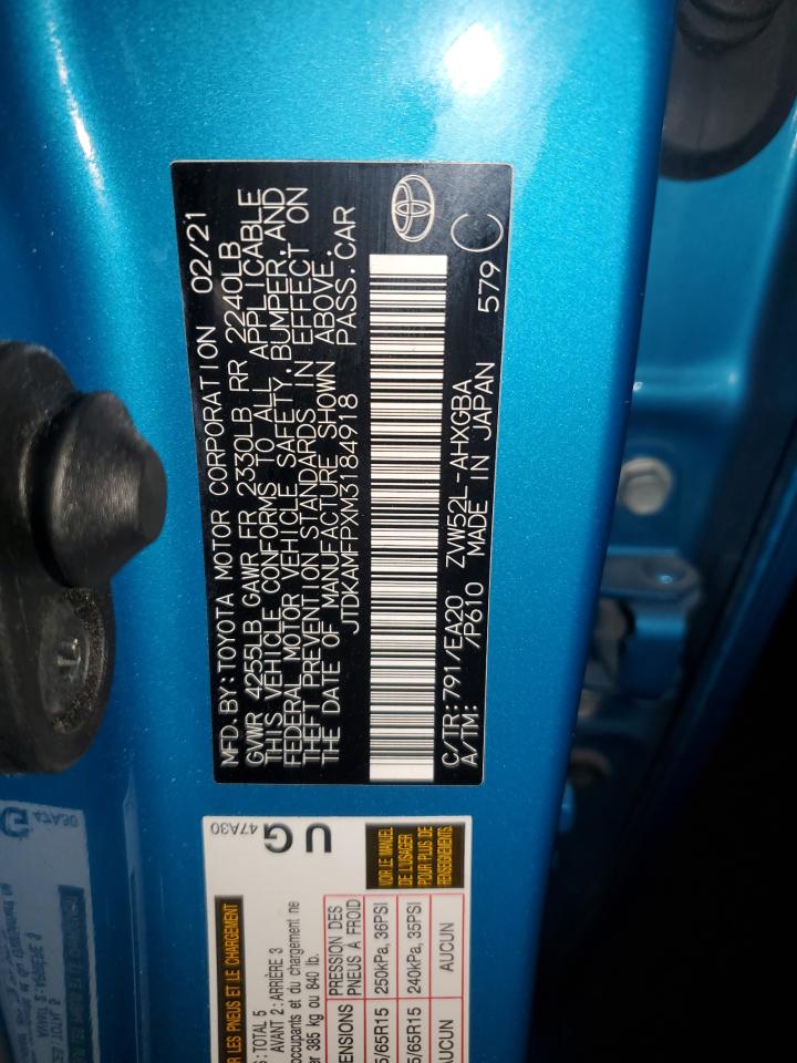 2021 Toyota Prius VIN JTDKAMFPXM3184918 Copart auction photo, front end damage thumbnail 13