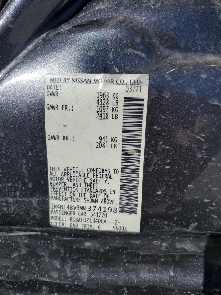 2021 Nissan Altima VIN 1N4BL4BV9MN374198 Copart auction photo, side / rear end damage thumbnail 12